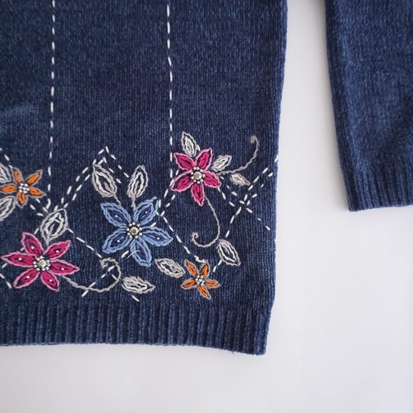Vintage Blue Alfred Dunner Embroidered Floral Quarter Zip Sweater Grandmacore S - Picture 5 of 9